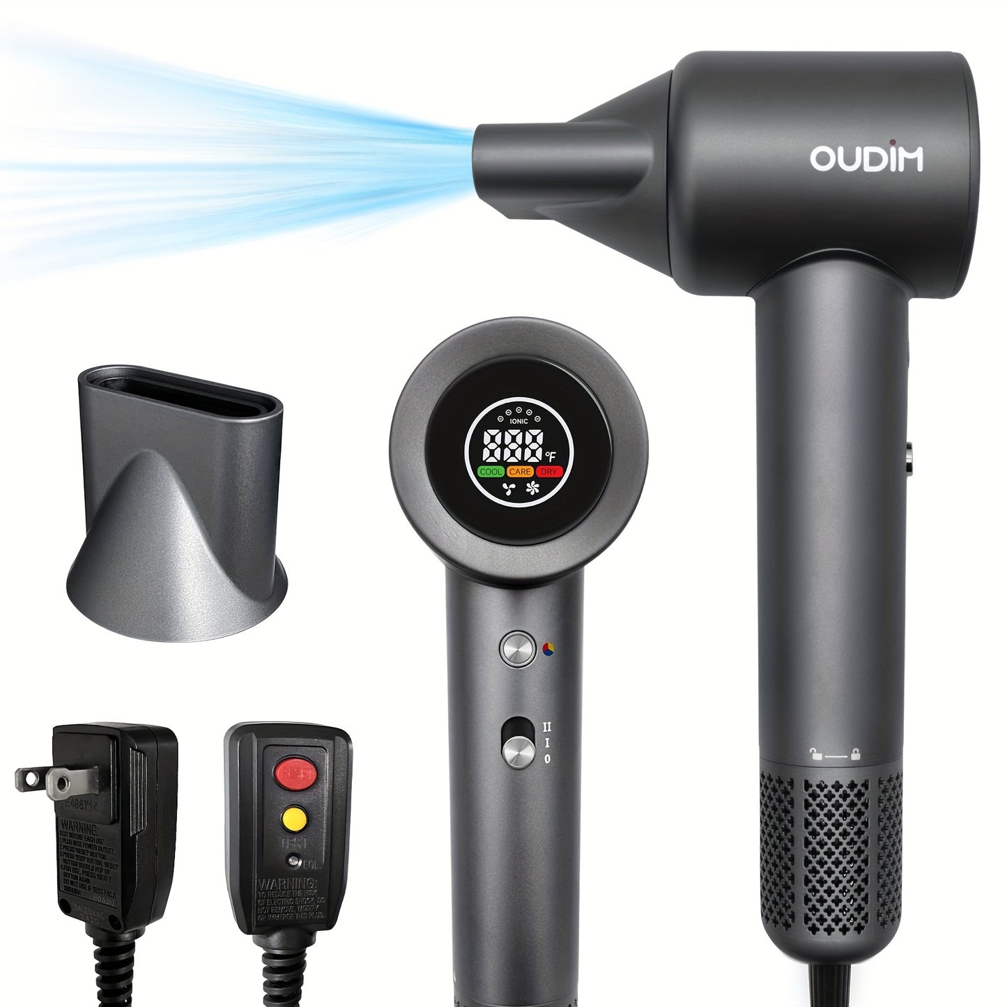 Oudif ™️Professional High-Speed Ionic Hair Dryer, 110000 RPM Brushless Motor, 4 Temperature Settings with LED Display, 2 Speed/Cold Options, Quiet Operation, Ergonomic Handle, US Plug –
