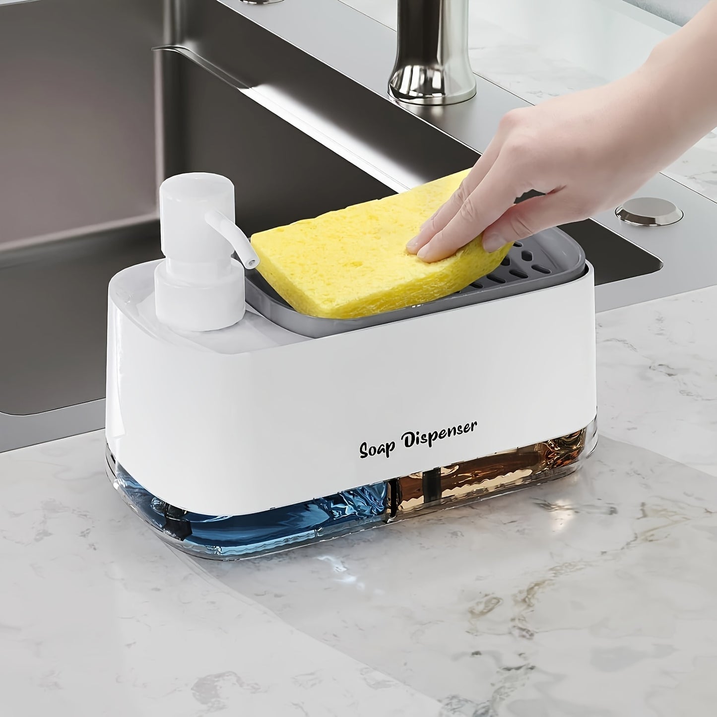 DISHWELL™ 4-In-1 Dish Soap Dispenser Set with Sponge Holder, Kitchen Countertop Bathroom Soap Dispenser, No-Bap Plastic, Freestanding, Battery-Free, Perfect Pumps, Leakproof,