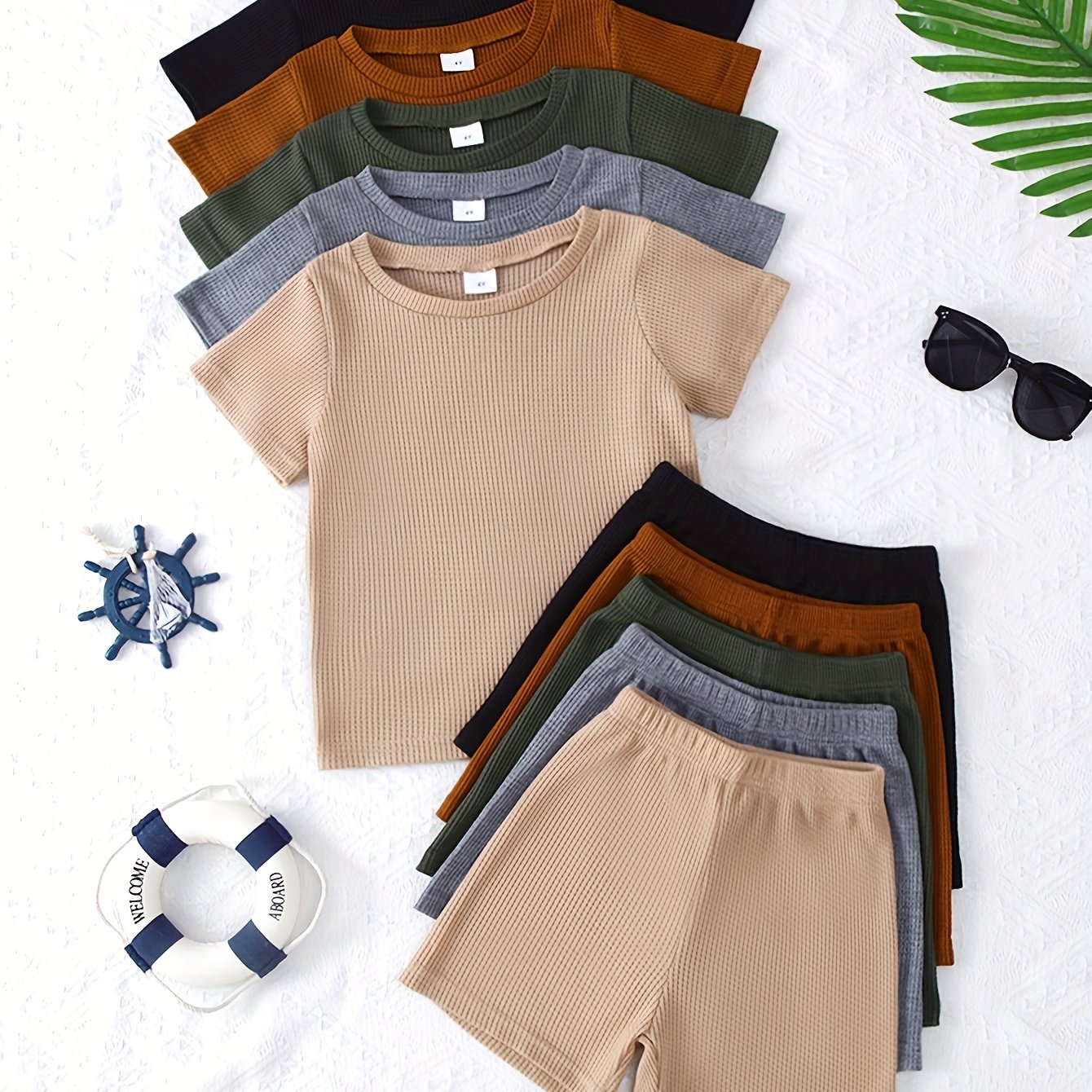 PLAYTIME™️10pcs OUTFIT Boys Casual Style Solid Color Soft and Comfortable Waffle Knit Fabric Short Sleeve Shorts Suit