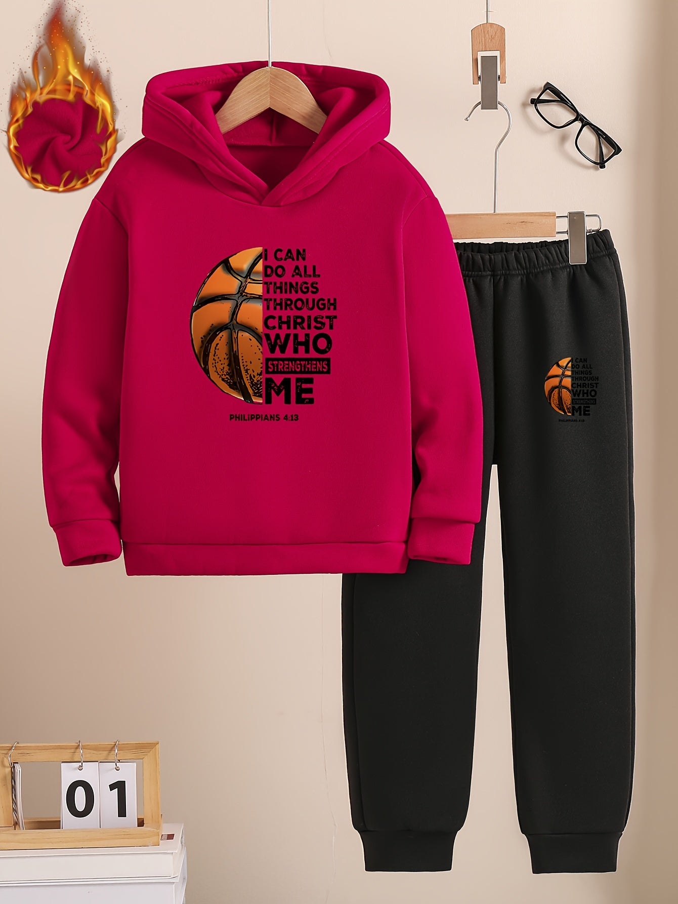 Boys™' Trendy Basketball & Letter Print Fleece-Lined Hoodie and Joggers Set - Warm, Thick Casual Sportswear for Fall/Winter, Red, Polyester, Perfect for Outdoor