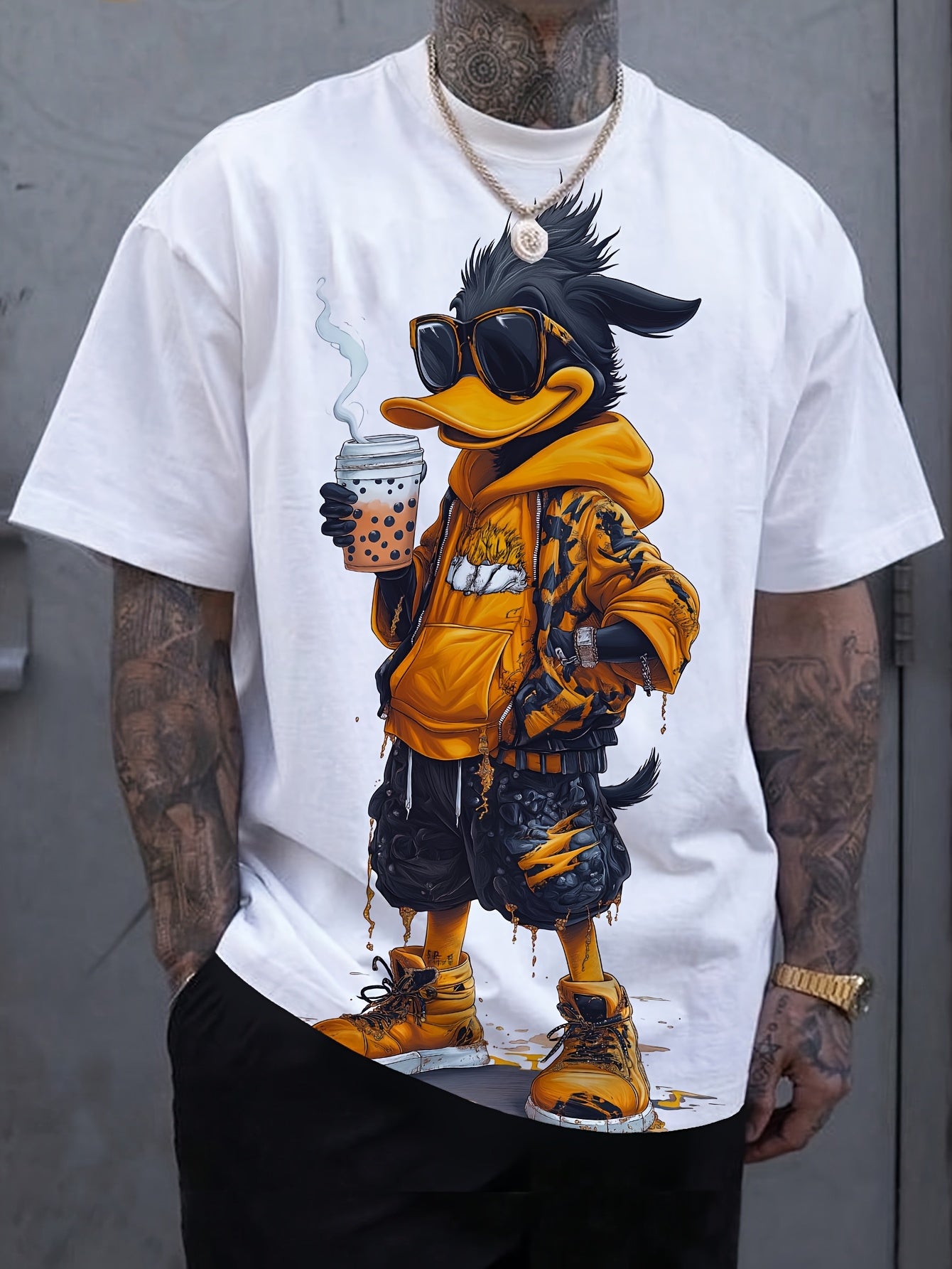 MYTEE™1pc Polyester Summer Knit Tee Men's Cool Duck Print T-Shirt, Casual Crew Neck Short Sleeve, Regular Fit with Slight Stretch Outdoor Wear