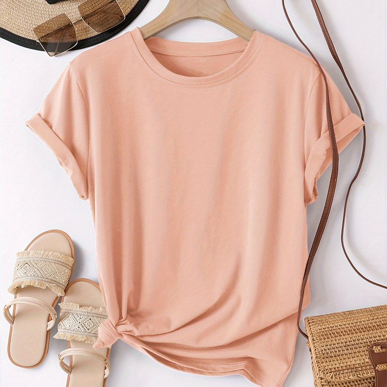 JUSTA™️Women's shorts sleeve Summer Essential 100% Polyester Short Sleeve T-Shirt - Classic Black Crew Neck for Women, Knot Detail, Machine Washable & Dry Cleanable