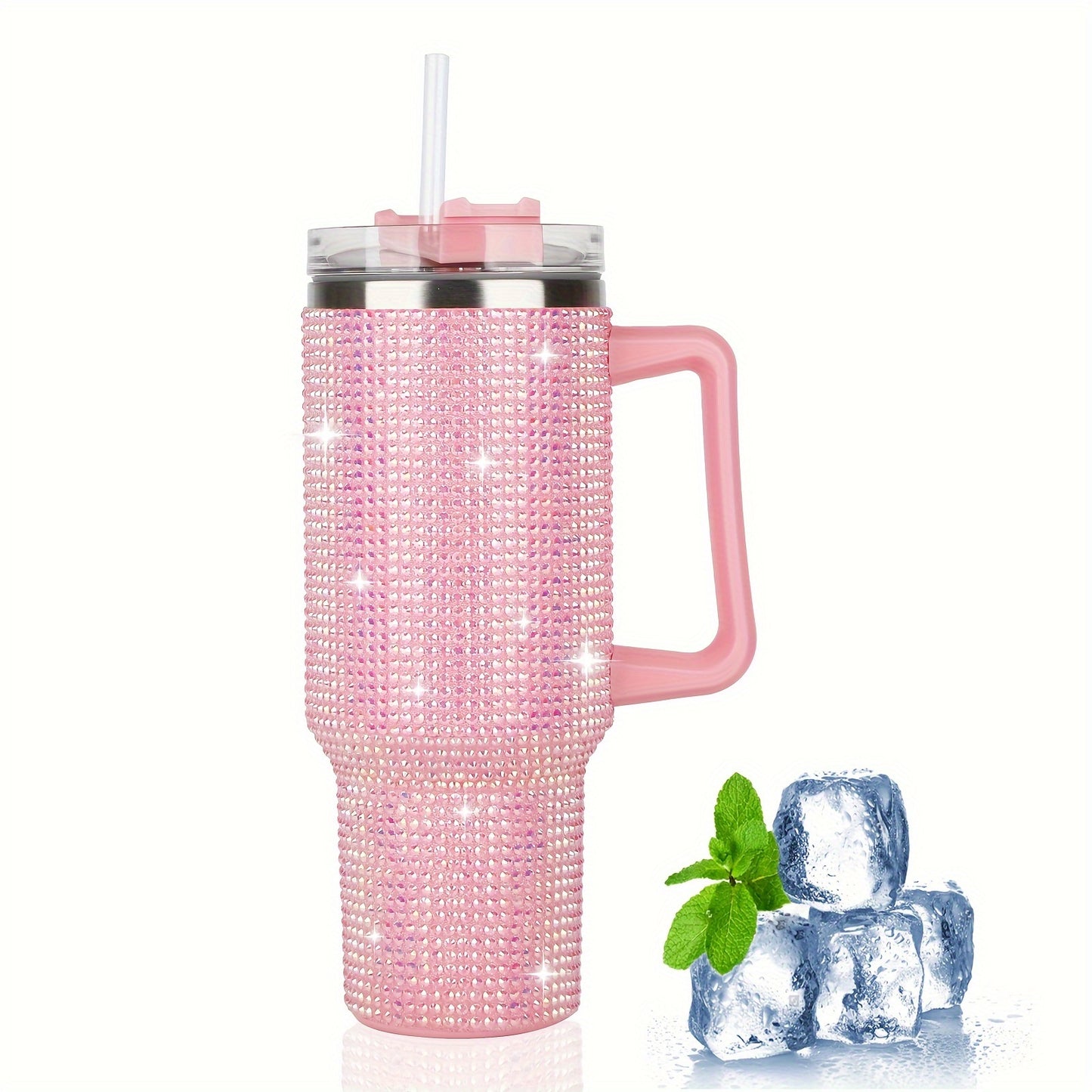 AQUANA™ 40 OZ TUBLER WHITE HANDLE STUDDED, TUMBLER WHITE LID AND STRAW INSULATED STAINLESS STEEL DOUBLE WALL WATER CUP, TRAVEL MUG