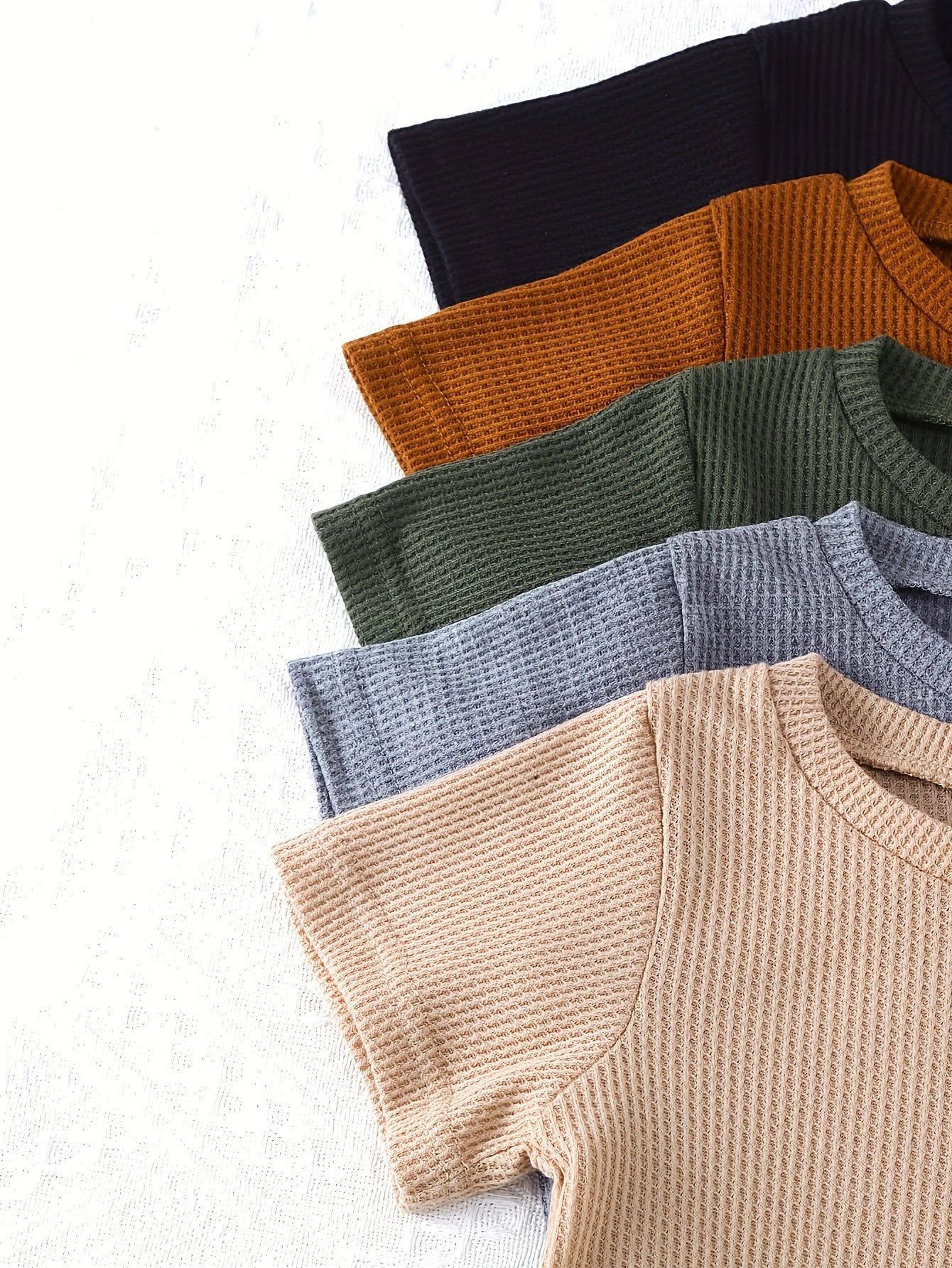 PLAYTIME™️10pcs OUTFIT Boys Casual Style Solid Color Soft and Comfortable Waffle Knit Fabric Short Sleeve Shorts Suit