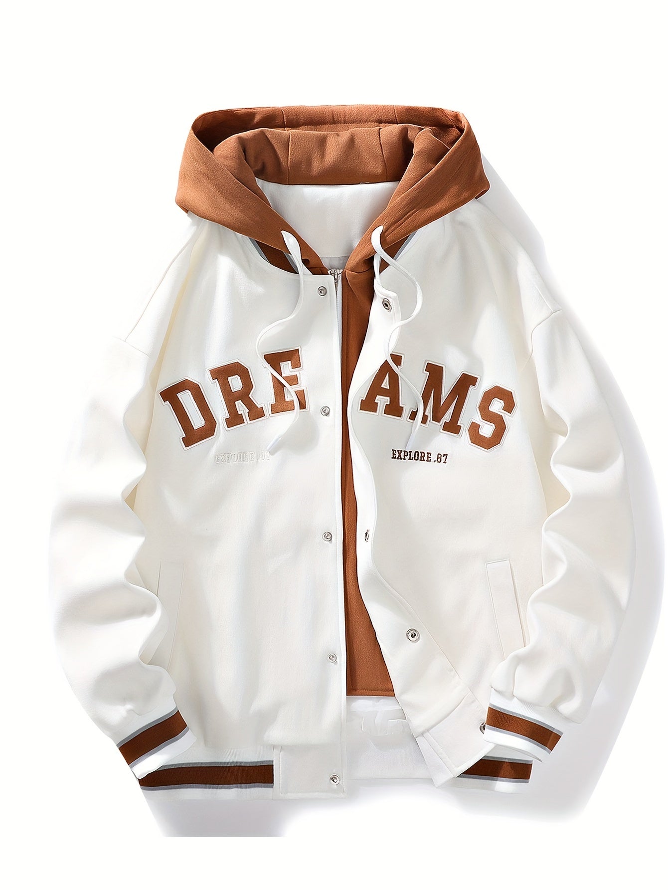 JUST JACKET™ Men's Casual Letter Print Hooded Varsity Jacket, Chic Vintage Style Thin Bomber Jacket for Spring Fall
