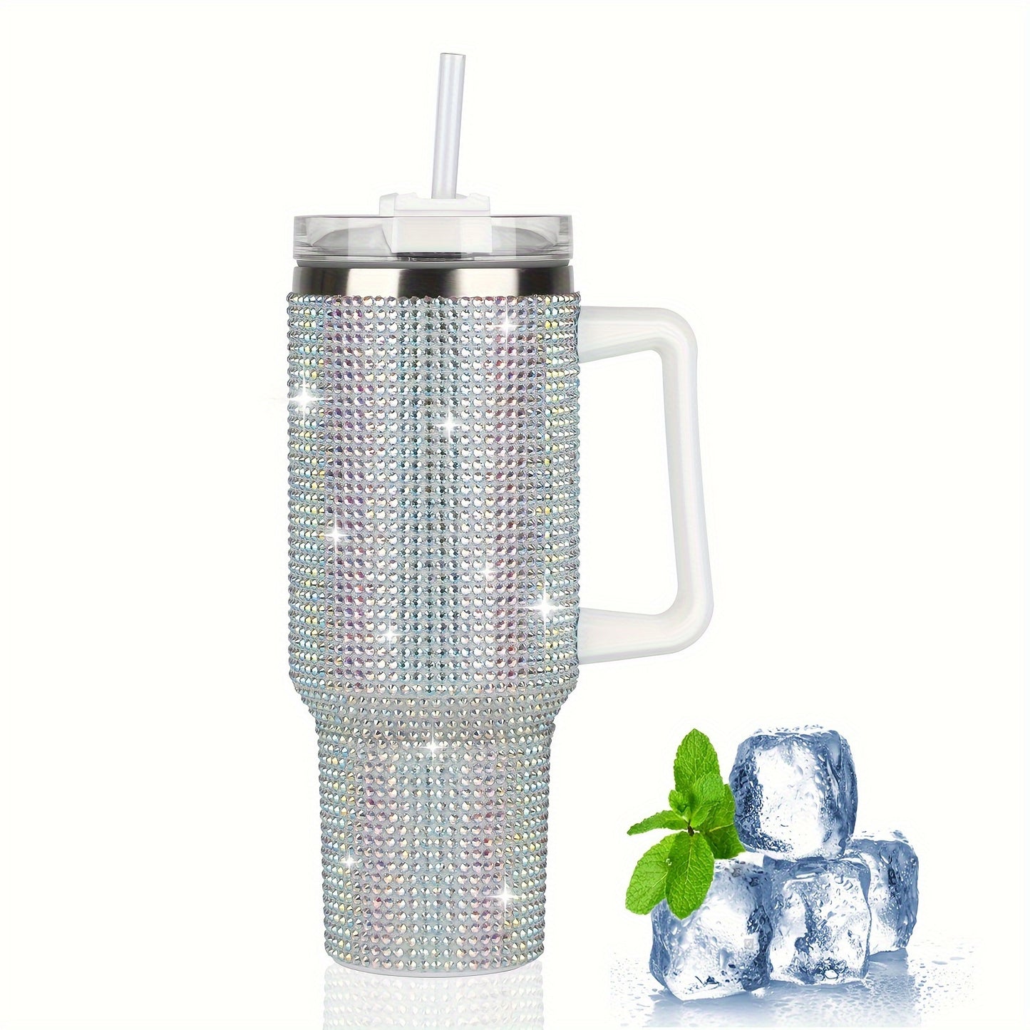 AQUANA™ 40 OZ TUBLER WHITE HANDLE STUDDED, TUMBLER WHITE LID AND STRAW INSULATED STAINLESS STEEL DOUBLE WALL WATER CUP, TRAVEL MUG