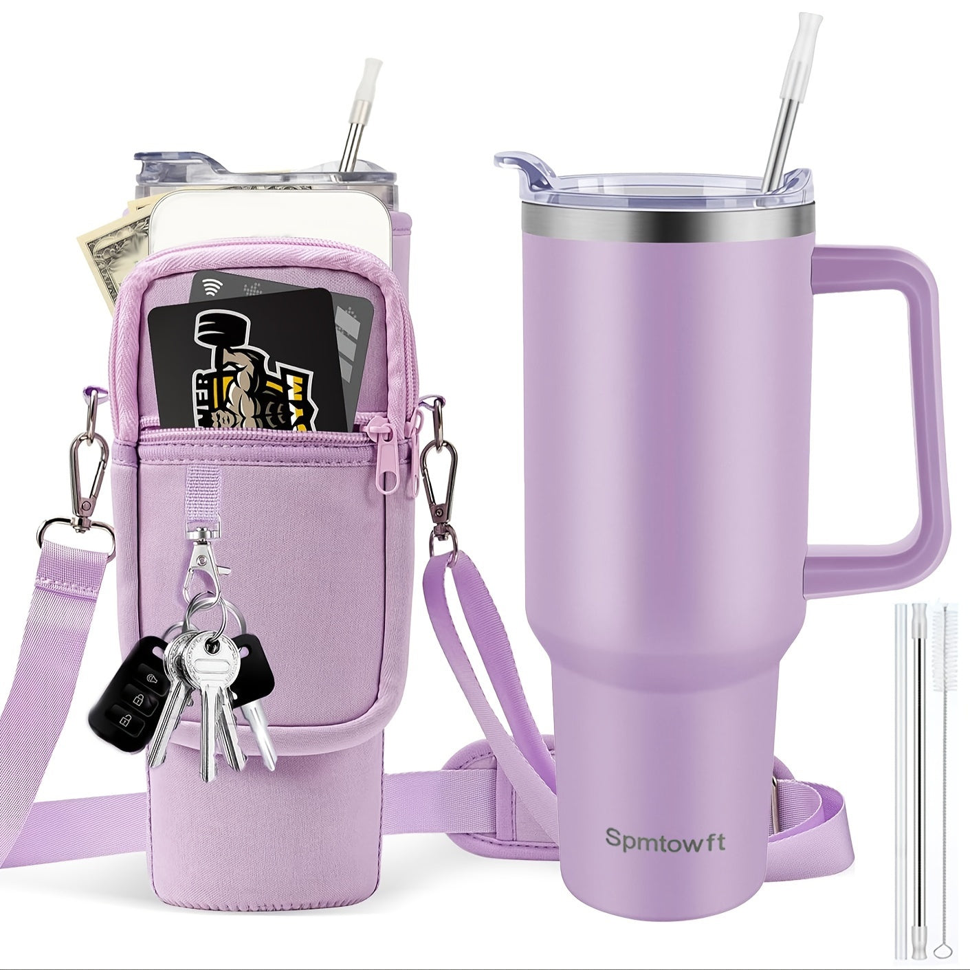 TWOINONE ™ 40oz Tumbler with Handle and Straw Lid & Carrier Bag, Stainless Steel Double Vacuum Coffee baler With Purse Pouch Phone Pocket, Gym Water Bottle Travel Mug for Men Women with Sleeve Holder