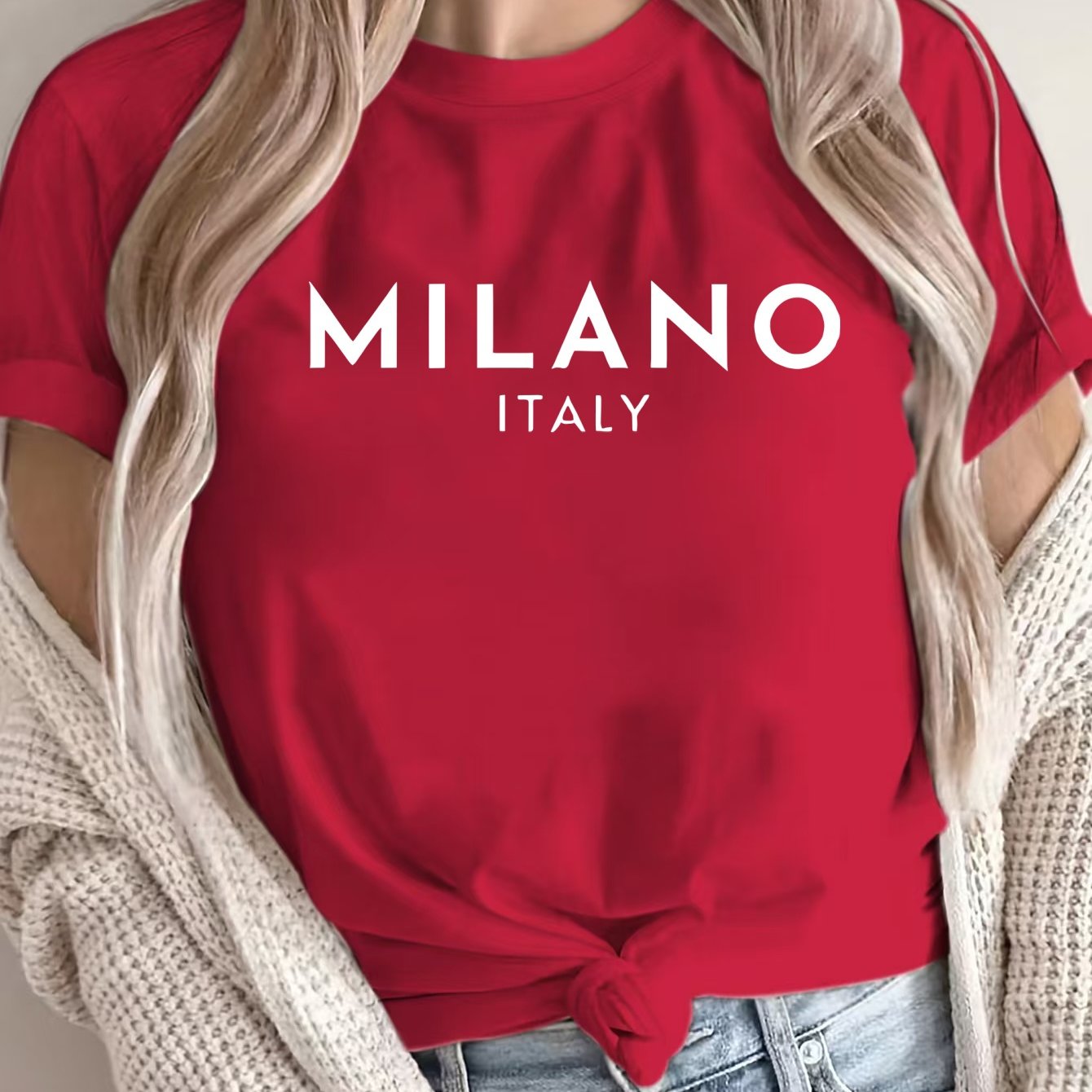 MILANO ™️ Women's Casual Polyester T-Shirt with "Milano Italy" Letter Print, Short Sleeve Crew Neck Top, All-Season Knit Fabric Tee, Regular Length - 180gsm
