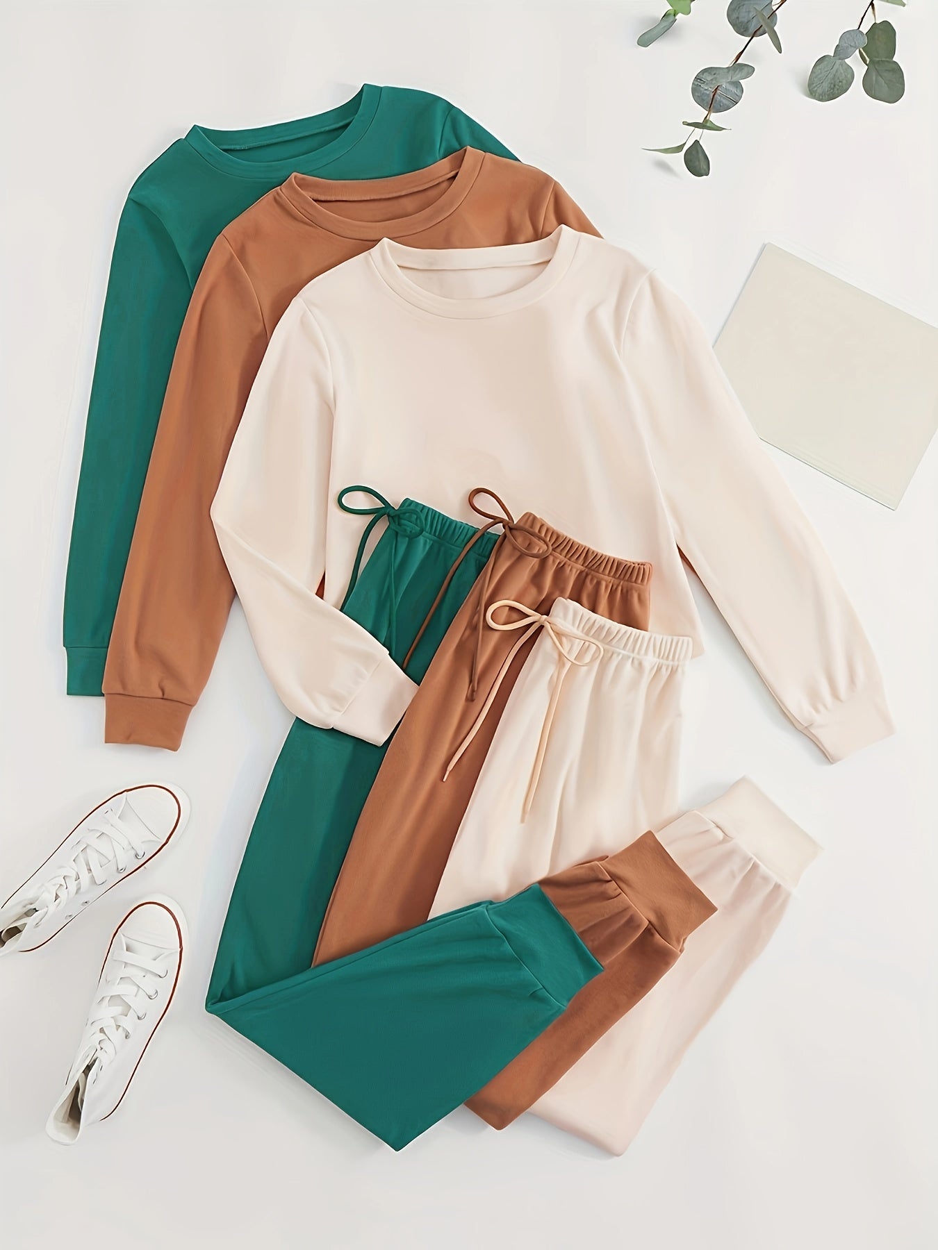 SORAYA™ Women's 6pcs Athletic Set: Long Sleeve & Pants in Teal, Peach, and Brown - Soft Polyester, Round Neck, Machine Washable - Stylish and Comfortable Sportswear