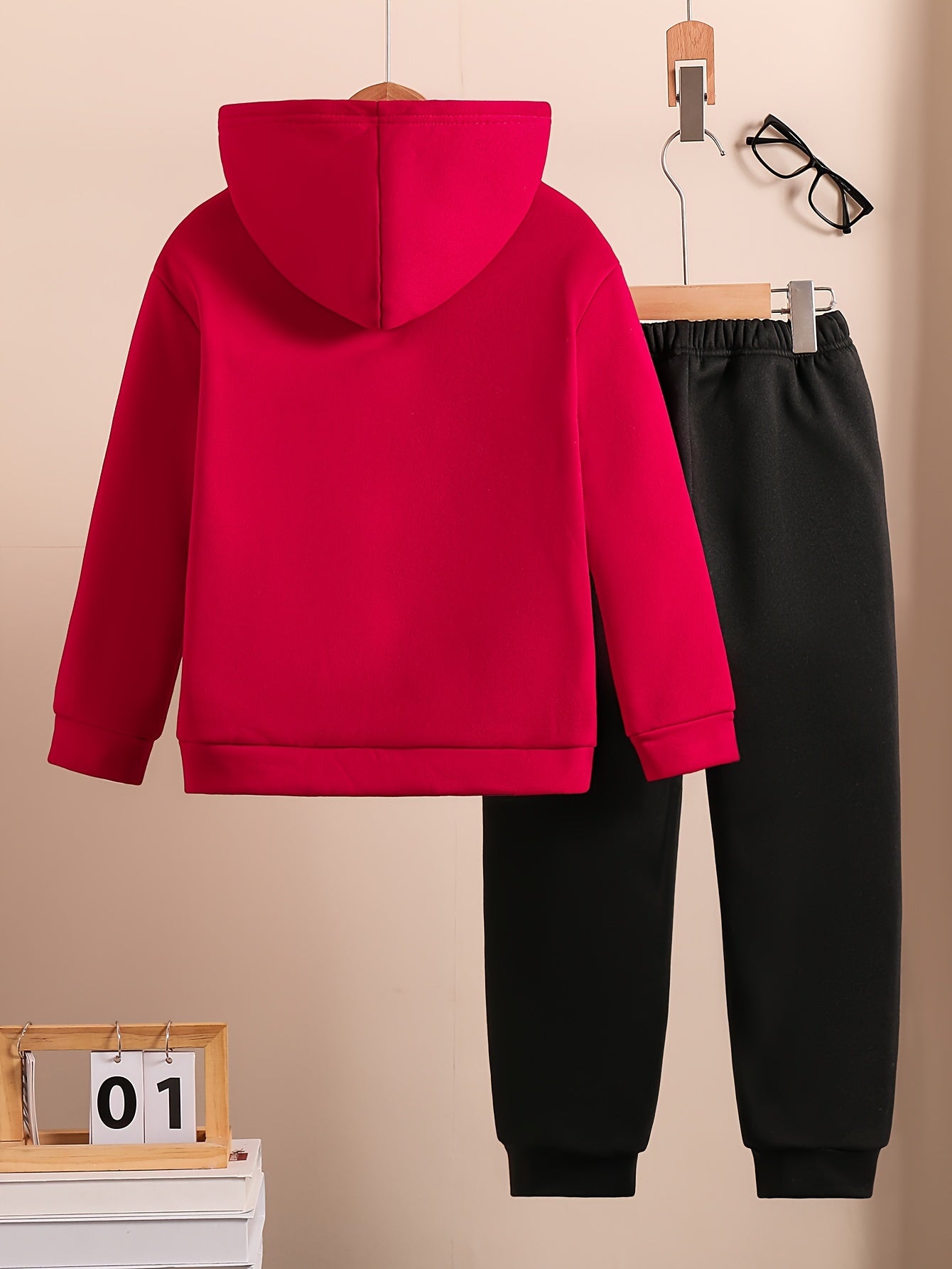 Boys™' Trendy Basketball & Letter Print Fleece-Lined Hoodie and Joggers Set - Warm, Thick Casual Sportswear for Fall/Winter, Red, Polyester, Perfect for Outdoor
