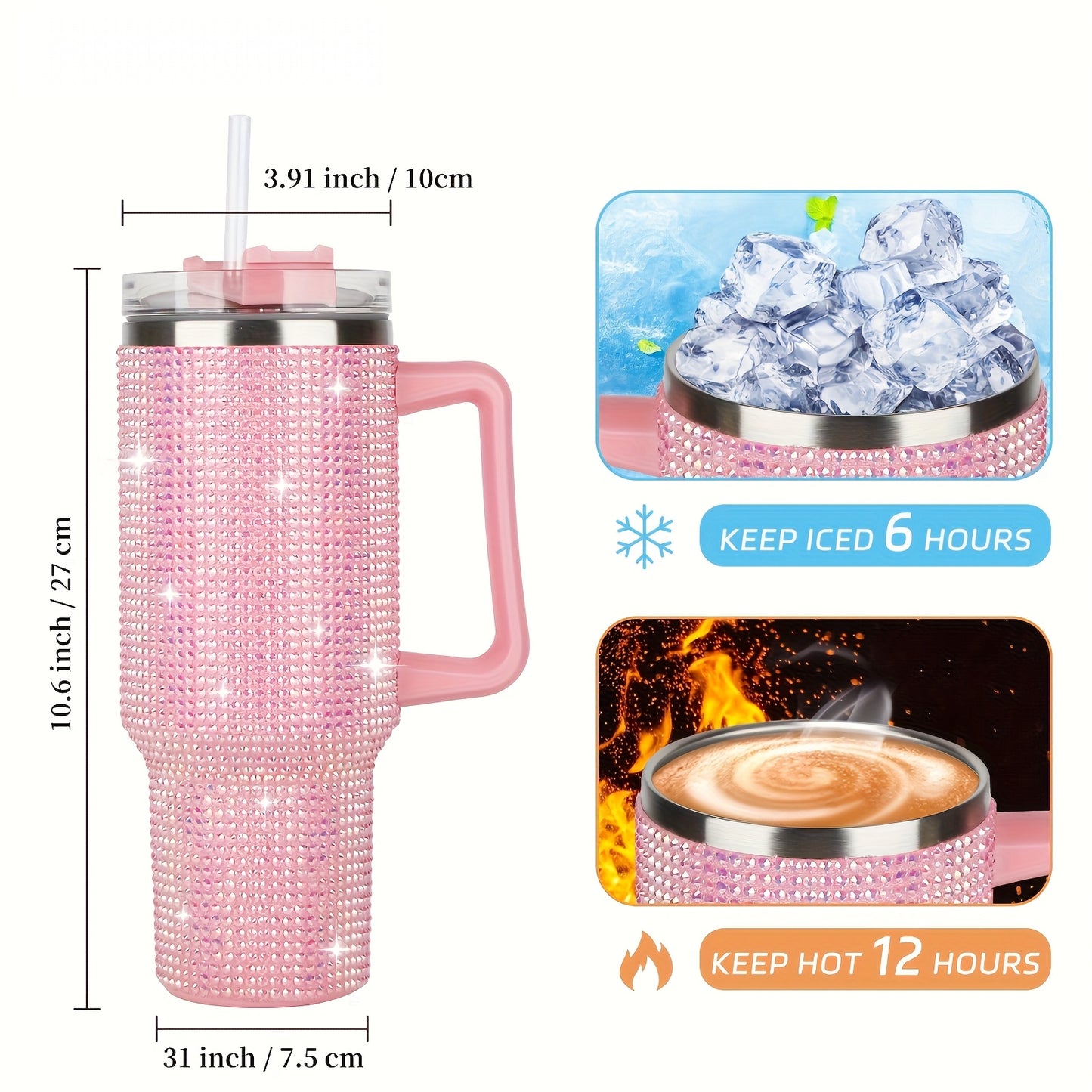 AQUANA™ 40 OZ TUBLER WHITE HANDLE STUDDED, TUMBLER WHITE LID AND STRAW INSULATED STAINLESS STEEL DOUBLE WALL WATER CUP, TRAVEL MUG
