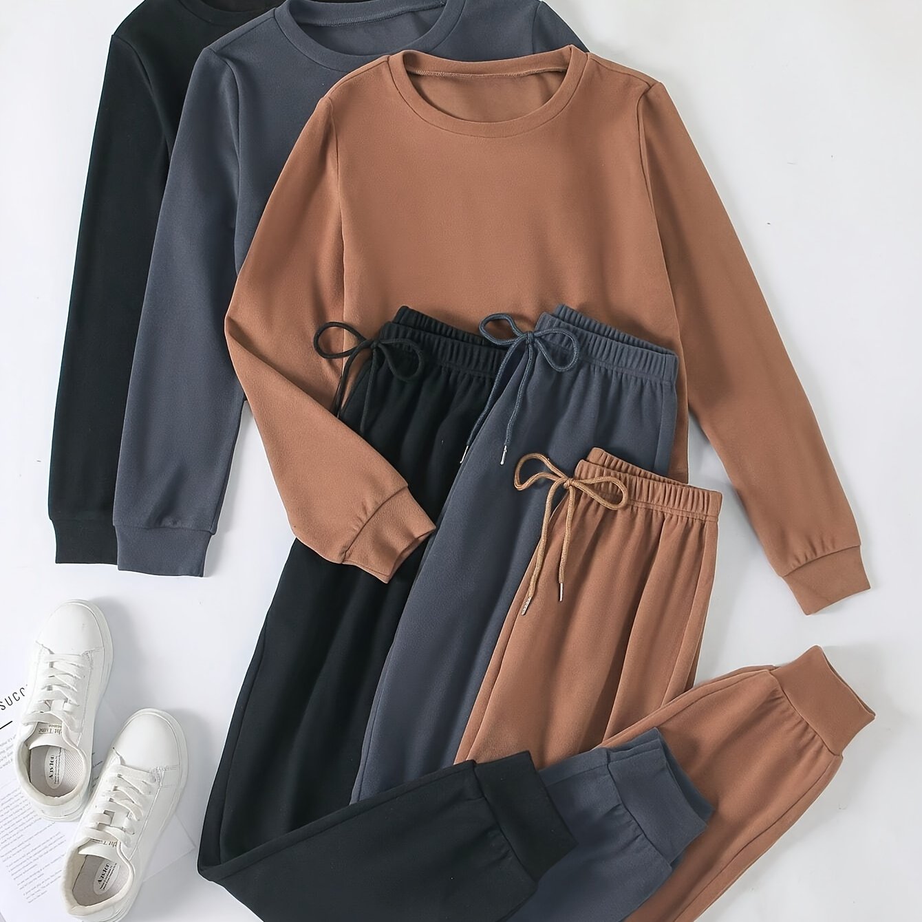 SORAYA™ Women's 6pcs Athletic Set: Long Sleeve & Pants in Teal, Peach, and Brown - Soft Polyester, Round Neck, Machine Washable - Stylish and Comfortable Sportswear