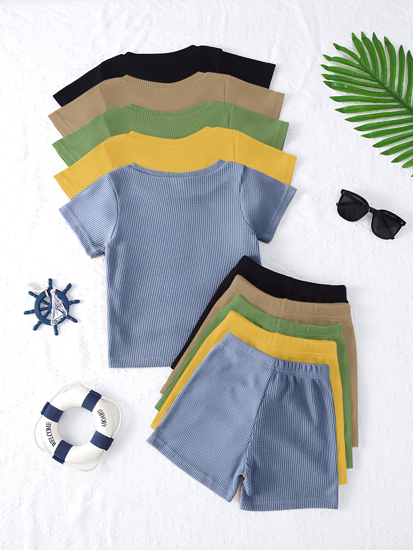 PLAYTIME™️10pcs OUTFIT Boys Casual Style Solid Color Soft and Comfortable Waffle Knit Fabric Short Sleeve Shorts Suit