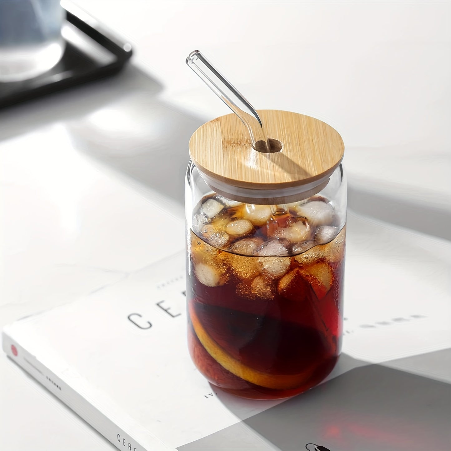 Drinking Glasses With Bamboo Lids And Glass Straw, Can Shaped Glass Cups Beer, Ice Coffee Glasses Cute Tumbler Cup Great For Soda Boba Tea Cocktail