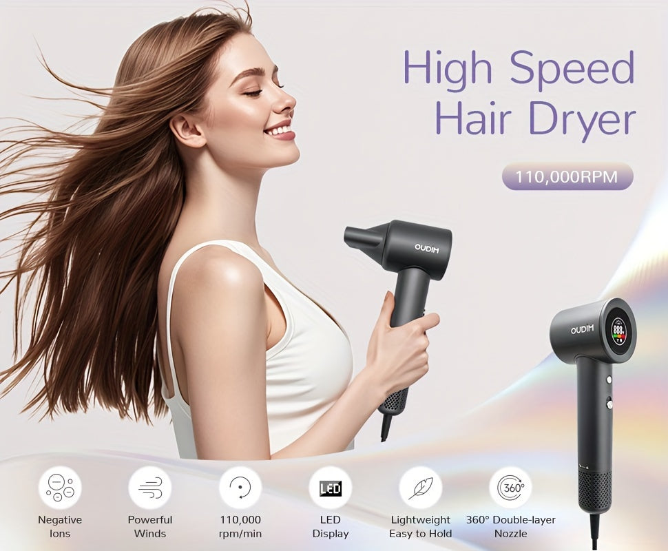 Oudif ™️Professional High-Speed Ionic Hair Dryer, 110000 RPM Brushless Motor, 4 Temperature Settings with LED Display, 2 Speed/Cold Options, Quiet Operation, Ergonomic Handle, US Plug –