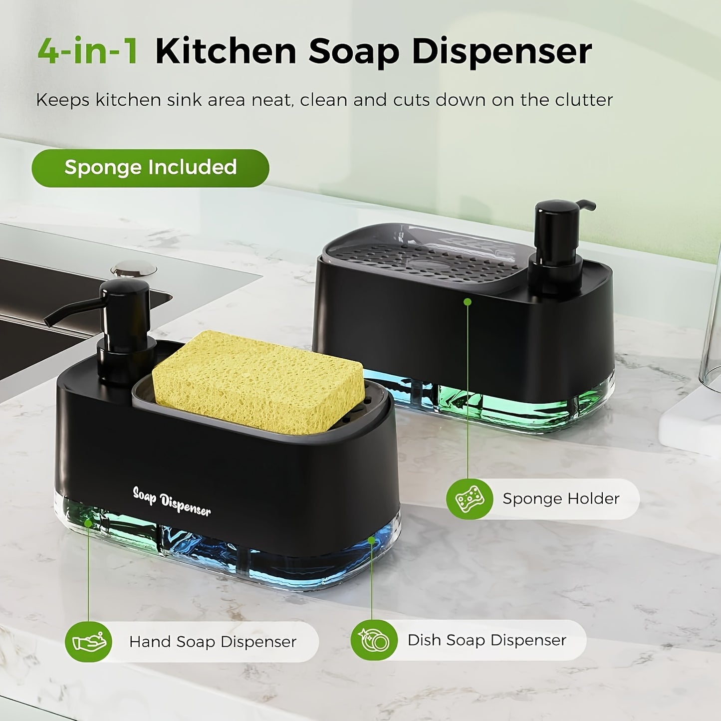 DISHWELL™ 4-In-1 Dish Soap Dispenser Set with Sponge Holder, Kitchen Countertop Bathroom Soap Dispenser, No-Bap Plastic, Freestanding, Battery-Free, Perfect Pumps, Leakproof,