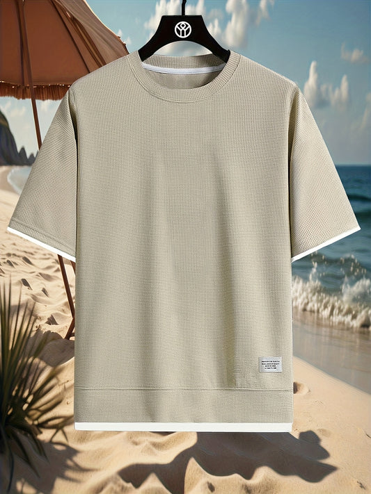 WELLWORN™️Men's Casual Crew Neck T-Shirt - Solid Color Polyester Knit Fabric, Short Sleeve, Regular Fit, Slight Stretch, 200g/m² - Summer Outdoor Vintage Style Tops