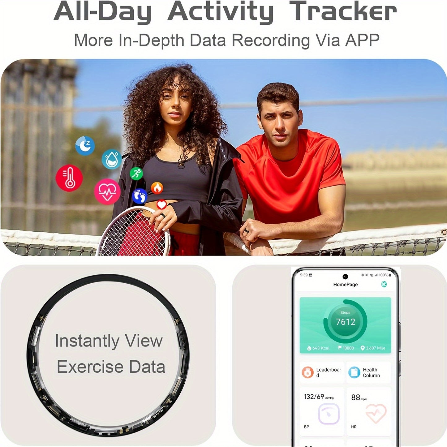 FINGERTIPS™️ Smart Fitness Tracker, Smart Ring Fitness Tracker - Pedometer, Distance, Calories, Sleep Tracking, Exercise Monitoring - Compatible With iPhone Android, for Women/ Men, waterproof, no app Subscription ne