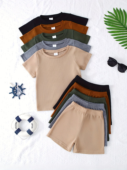 A Ten-Piece Set for Boys Featuring a Casual Style, Made of Soft And Comfortable Solid Color Waffle Knit Fabric, Including Short Sleeves And Shorts.