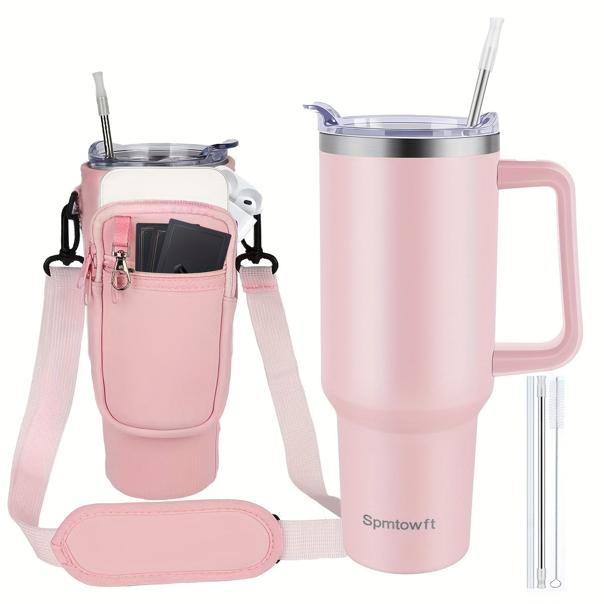 TWOINONE ™ 40oz Tumbler with Handle and Straw Lid & Carrier Bag, Stainless Steel Double Vacuum Coffee baler With Purse Pouch Phone Pocket, Gym Water Bottle Travel Mug for Men Women with Sleeve Holder