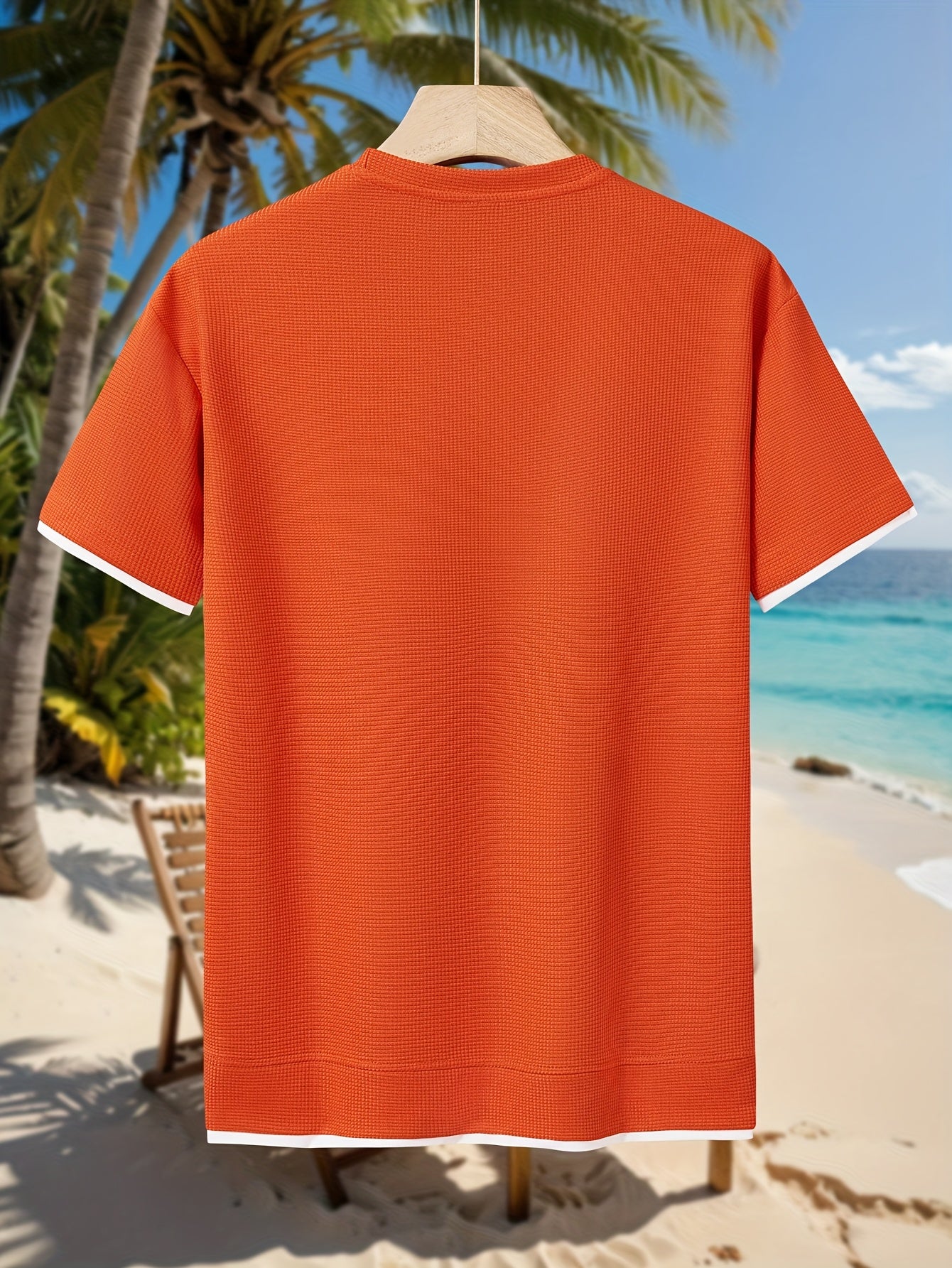 HOTOFF™️Men's Summer Casual Waffle Knit T-Shirt, 100% Polyester Crew Neck Short Sleeve Tee, Geometric Pattern, Slight Stretch, Loose Fit, 180g/m² -