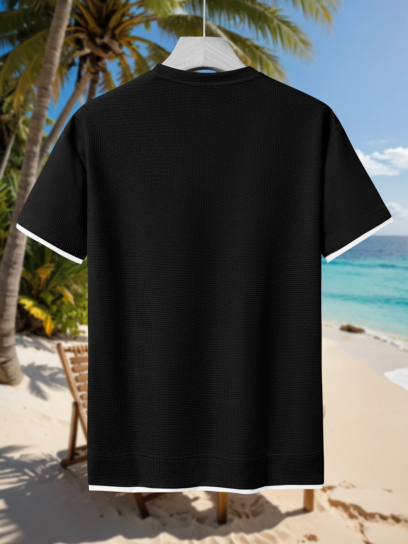 HOTOFF™️Men's Summer Casual Waffle Knit T-Shirt, 100% Polyester Crew Neck Short Sleeve Tee, Geometric Pattern, Slight Stretch, Loose Fit, 180g/m² -