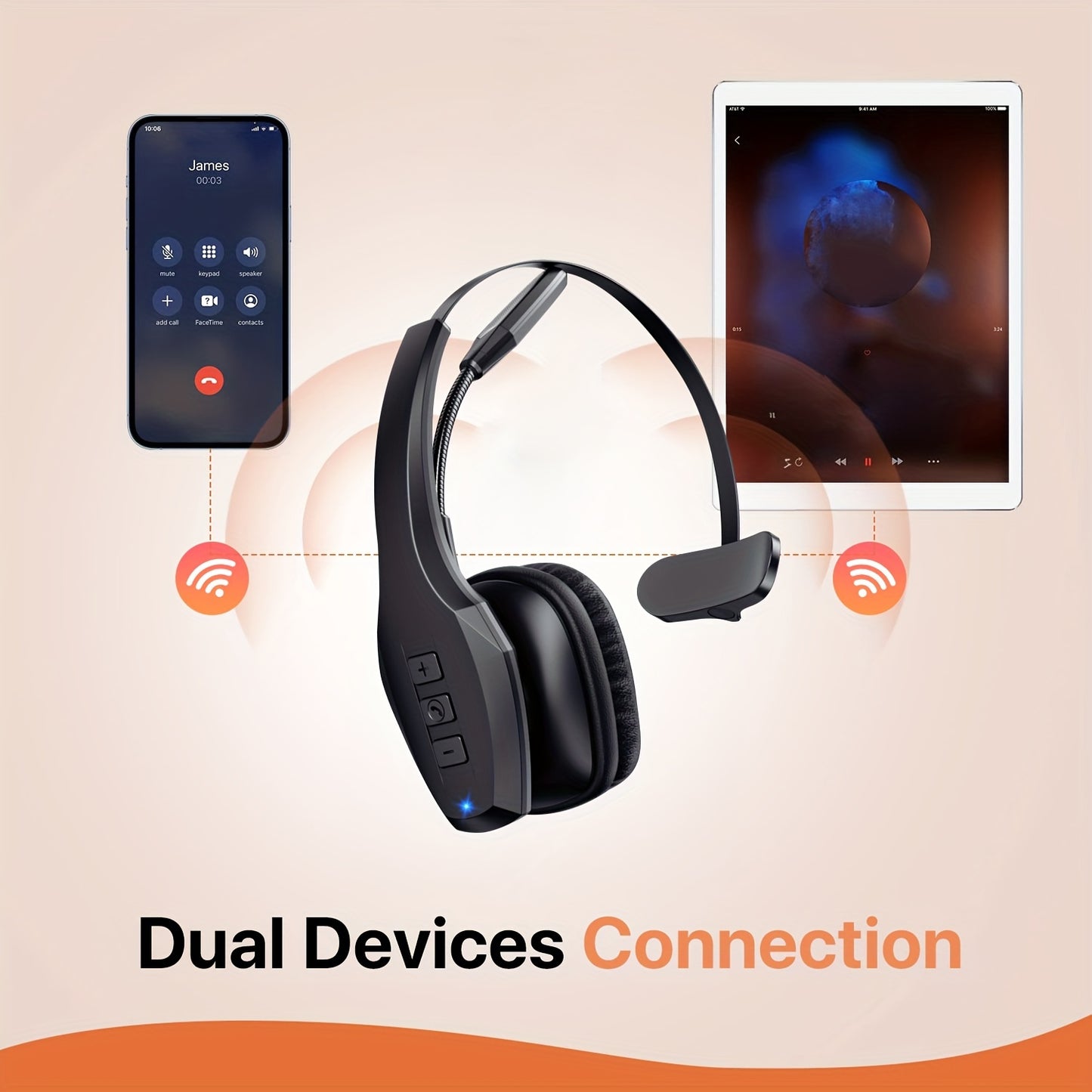 Trucker Headset, 55Hrs Working Time 36Hrs Talking Time Wireless Headphone with Dual Noise Cancelling Microphone Headset for PC Cell Phones, Computer, Truck Driver