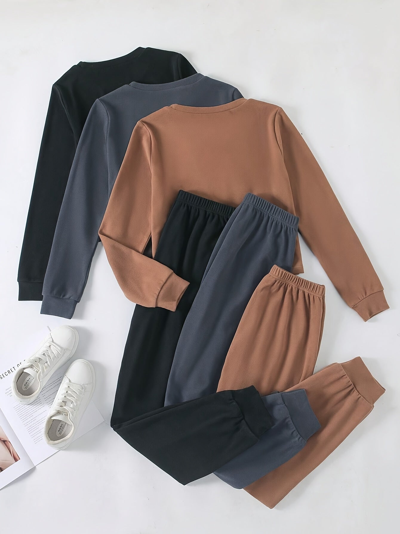 SORAYA™ Women's 6pcs Athletic Set: Long Sleeve & Pants in Teal, Peach, and Brown - Soft Polyester, Round Neck, Machine Washable - Stylish and Comfortable Sportswear