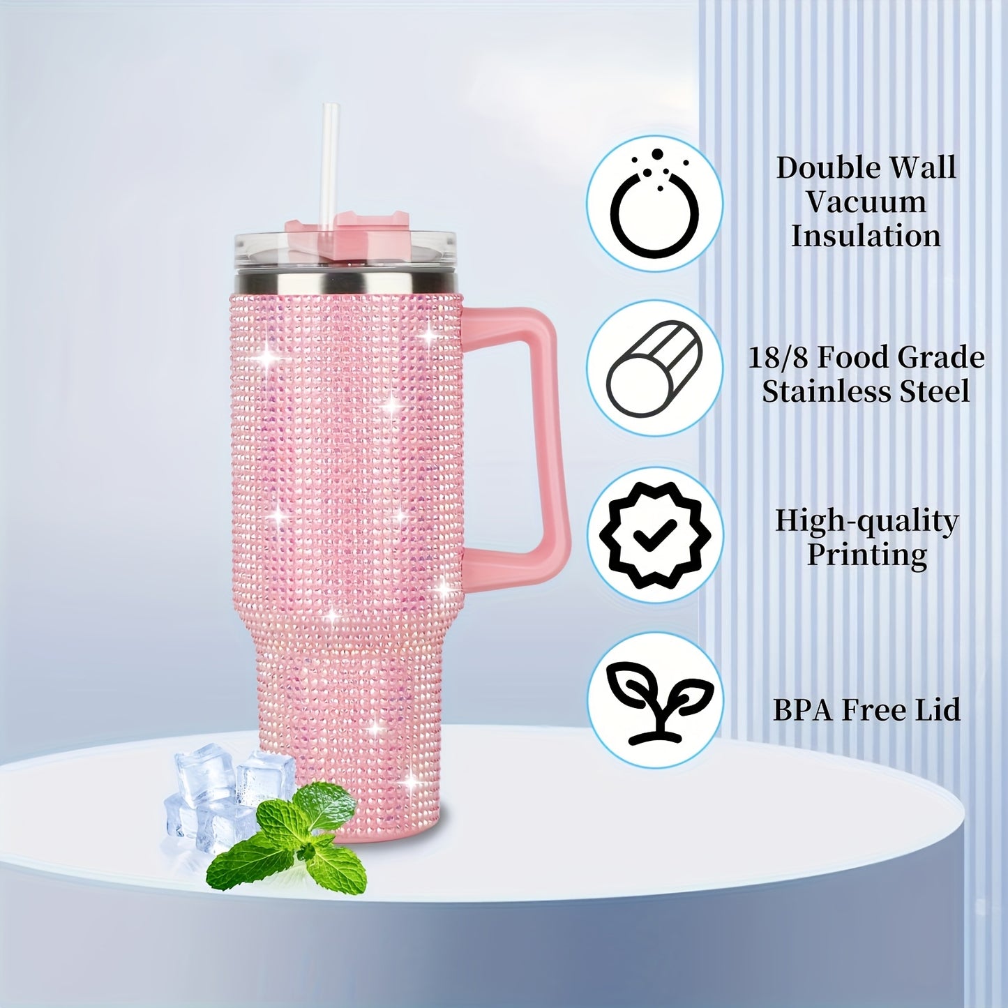 AQUANA™ 40 OZ TUBLER WHITE HANDLE STUDDED, TUMBLER WHITE LID AND STRAW INSULATED STAINLESS STEEL DOUBLE WALL WATER CUP, TRAVEL MUG