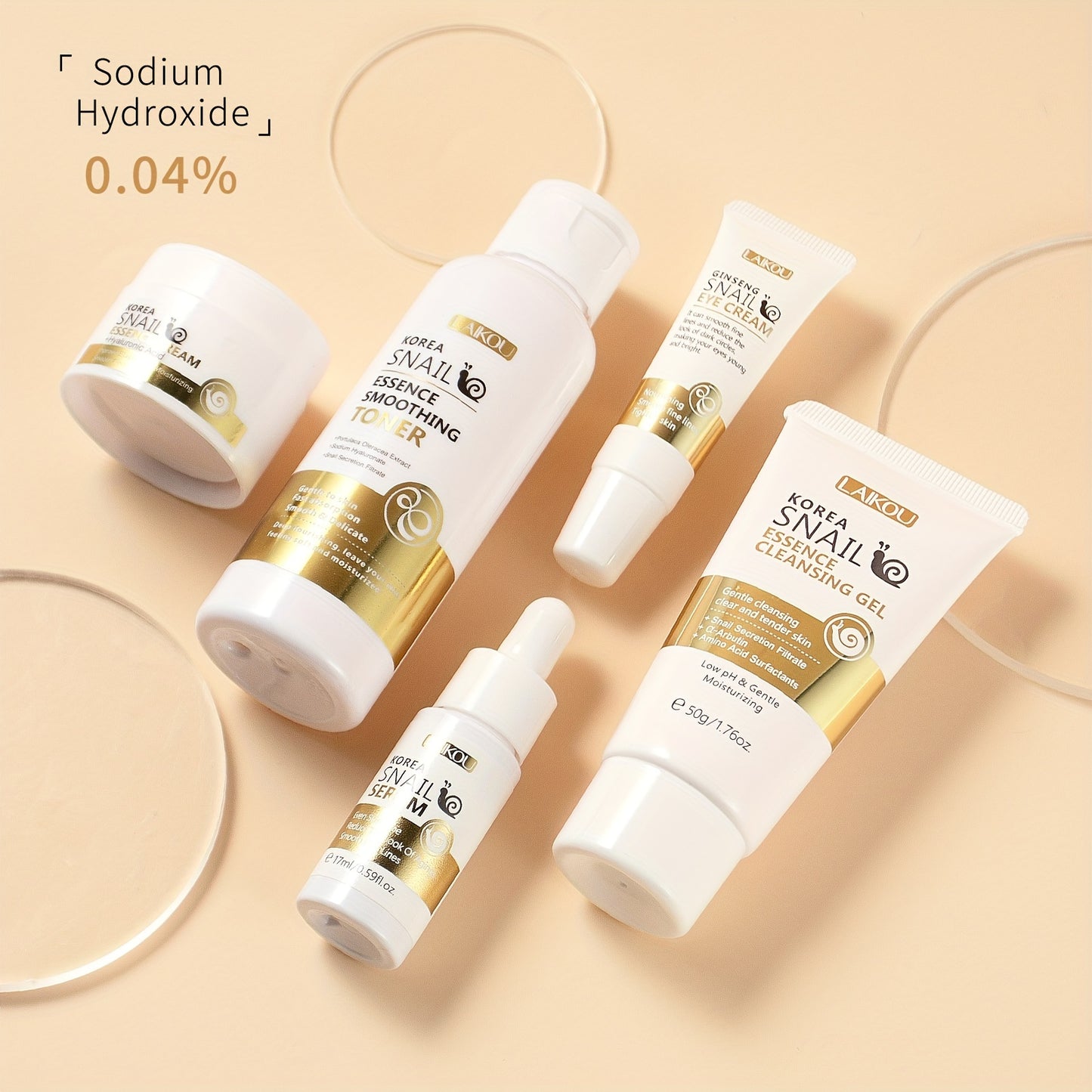 KOREAN™ skincare LAIKOU Snail Mucin 5-Step Skincare Set - Hypoallergenic Revitalizing Kit, Unisex, for All Skin Types, Includes Cleansing Gel