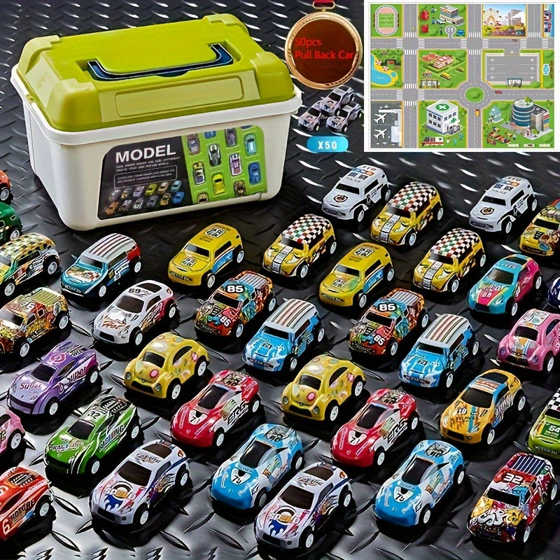 Pull-Back Racing Car Playset, Educational Inertia Vehicles with Track Map, Manual Push Play Cars, Includes Storage Box & Accessories, for Kids, Educational Toy for Boys & Girls Ages 3-6 Years