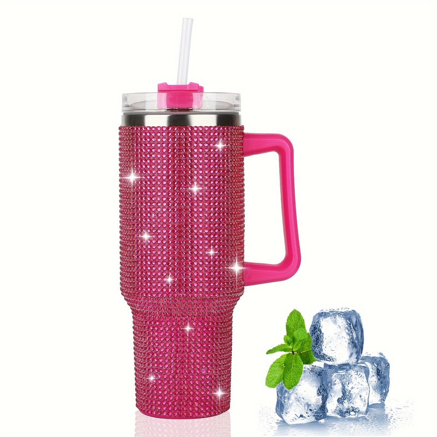 AQUANA™ 40 OZ TUBLER WHITE HANDLE STUDDED, TUMBLER WHITE LID AND STRAW INSULATED STAINLESS STEEL DOUBLE WALL WATER CUP, TRAVEL MUG