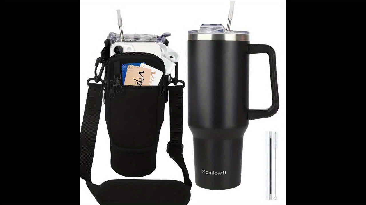 TWOINONE ™ 40oz Tumbler with Handle and Straw Lid & Carrier Bag, Stainless Steel Double Vacuum Coffee baler With Purse Pouch Phone Pocket, Gym Water Bottle Travel Mug for Men Women with Sleeve Holder