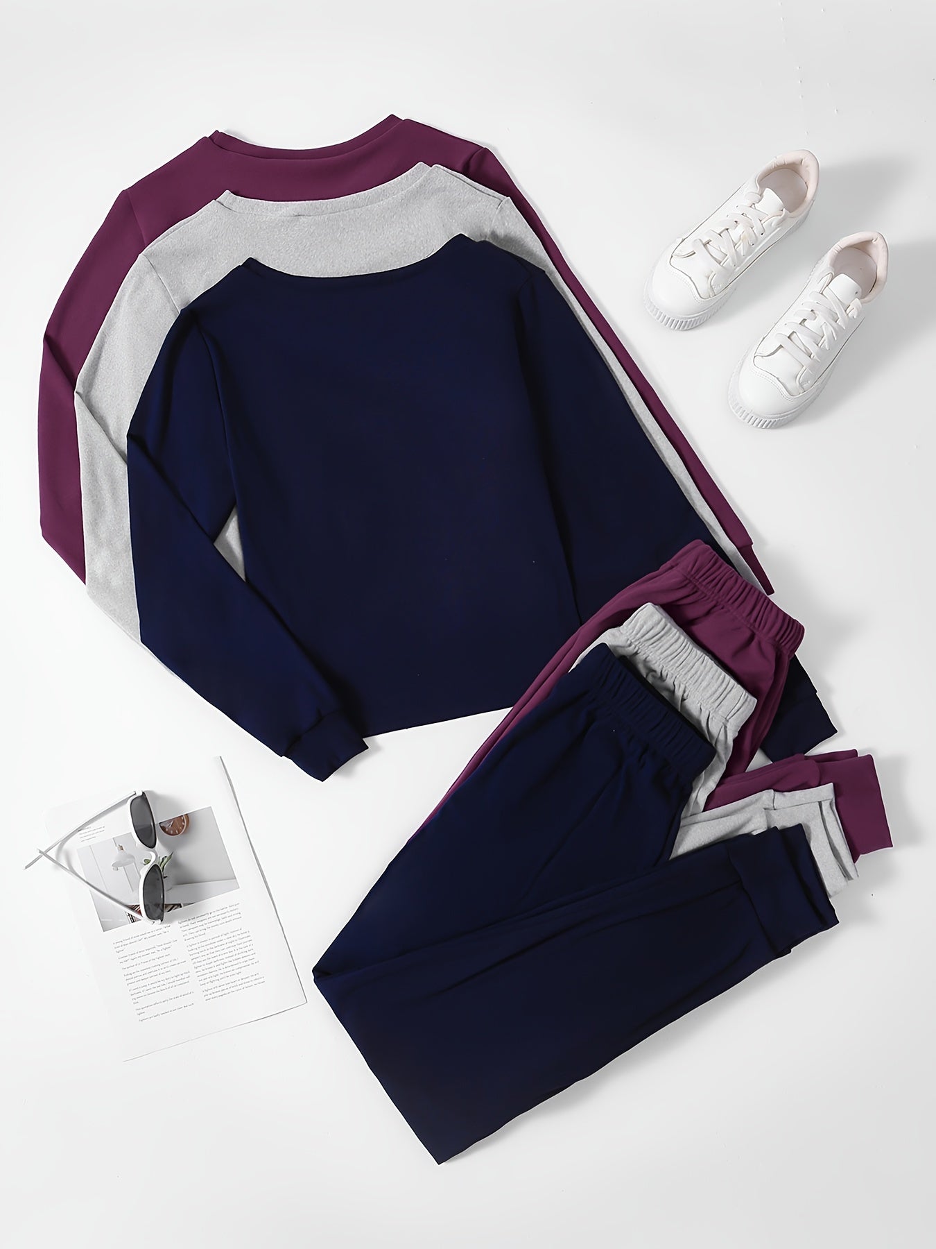 SORAYA™ Women's 6pcs Athletic Set: Long Sleeve & Pants in Teal, Peach, and Brown - Soft Polyester, Round Neck, Machine Washable - Stylish and Comfortable Sportswear