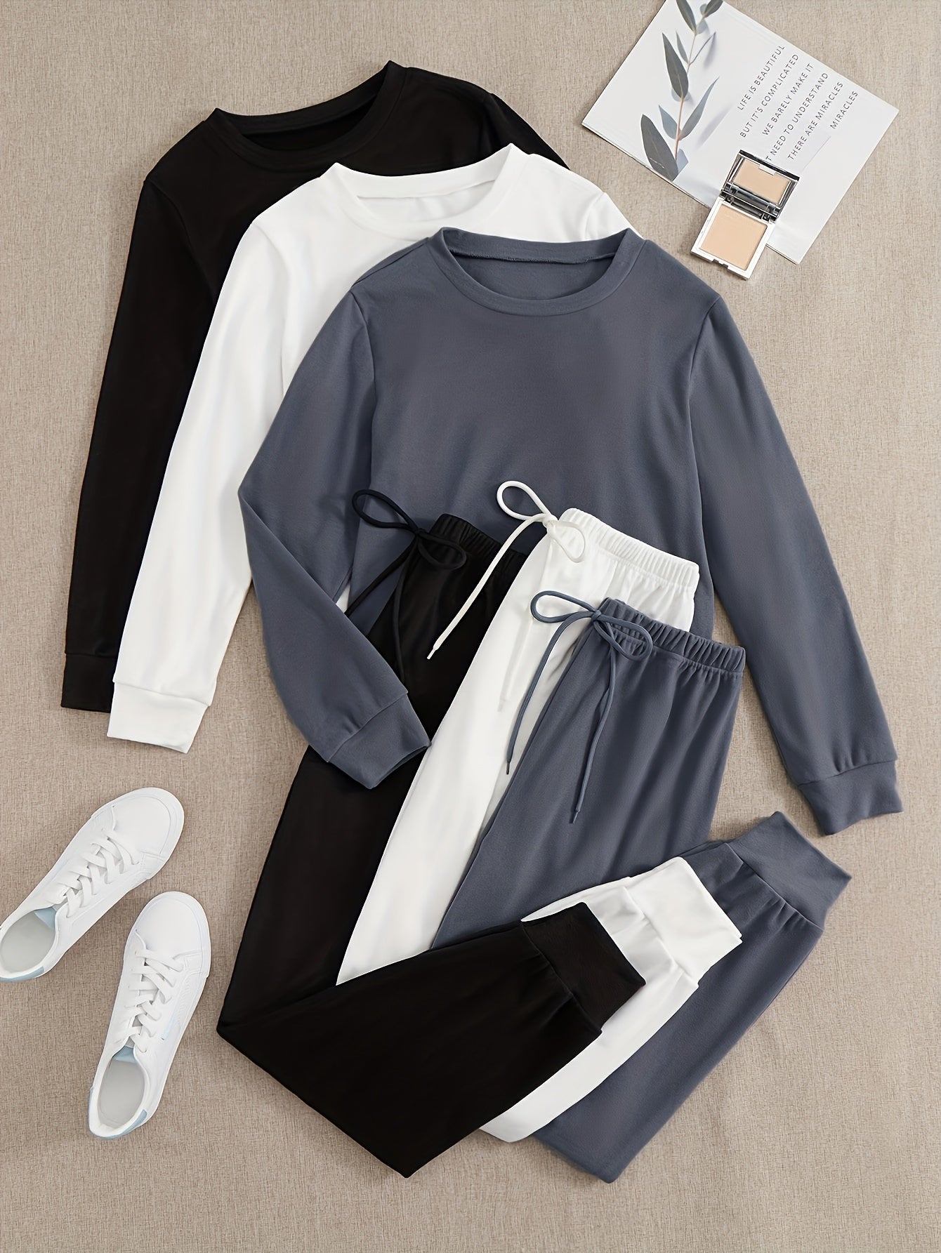 SORAYA™ Women's 6pcs Athletic Set: Long Sleeve & Pants in Teal, Peach, and Brown - Soft Polyester, Round Neck, Machine Washable - Stylish and Comfortable Sportswear