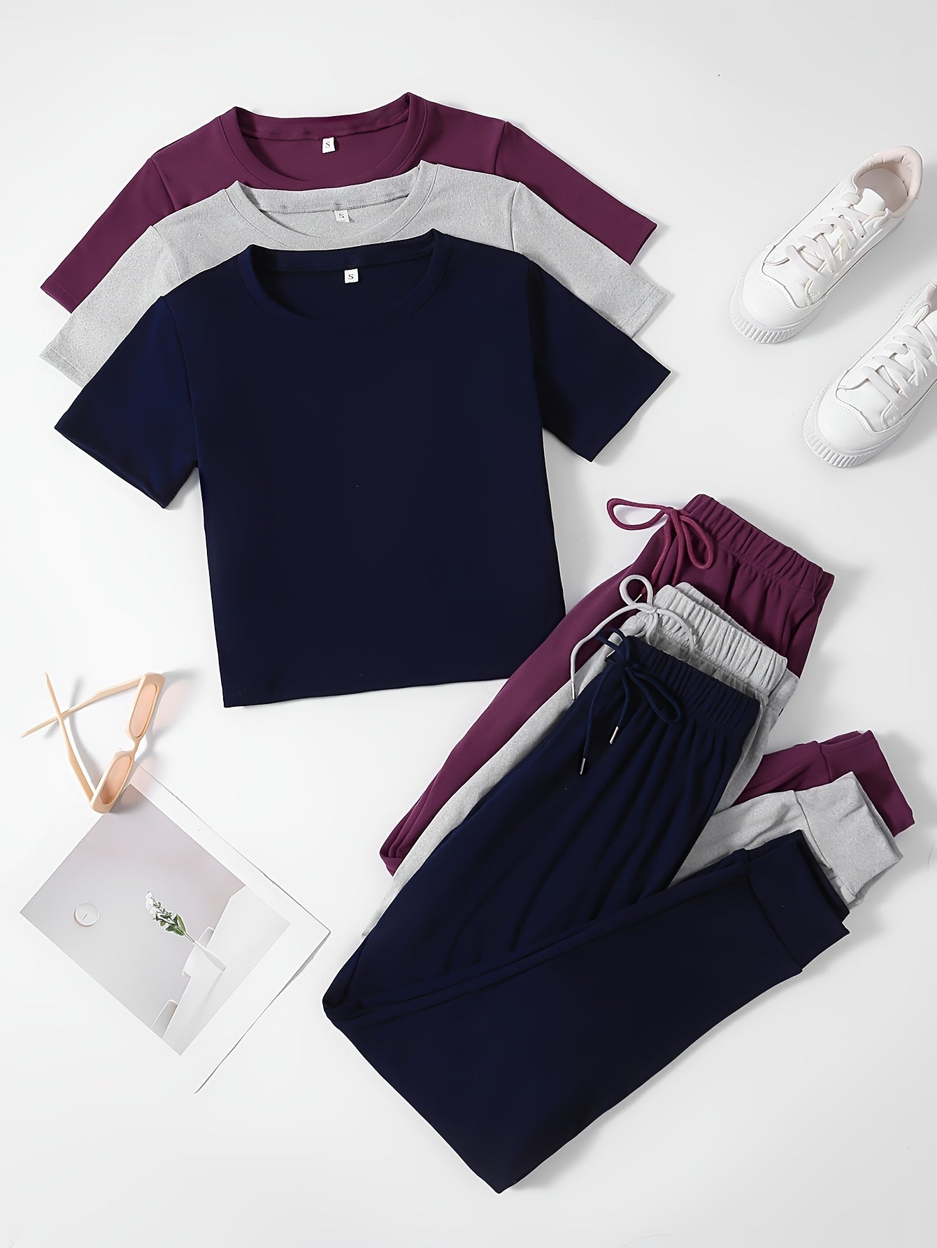 WEAR ™ 3 Sets Women's Solid Color Lounge Set, Comfortable Tee & Tie Front Pants, Relaxed Fit Casual Wear, Multiple Colors Available