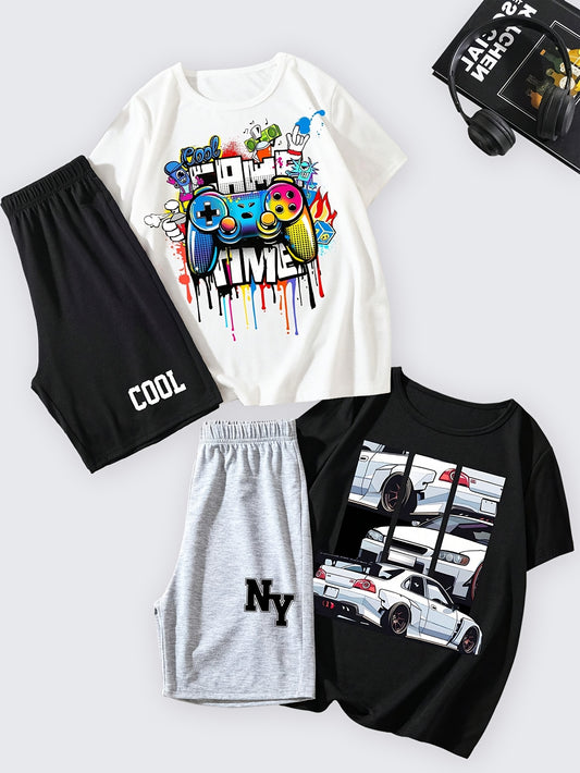 FORTH™️4pcs Boy Casual Outfit Set - Vibrant Graffiti & "COOL" Printed T-Shirts and Shorts, 100% Polyester, Round Neck, Spring/Summer Collection, Tween Boy Clothes, Perfect for Outdoor