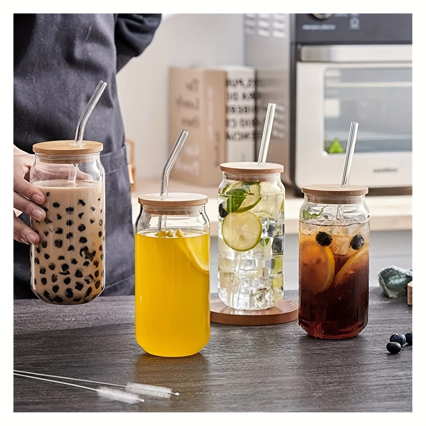 Drinking Glasses With Bamboo Lids And Glass Straw, Can Shaped Glass Cups Beer, Ice Coffee Glasses Cute Tumbler Cup Great For Soda Boba Tea Cocktail