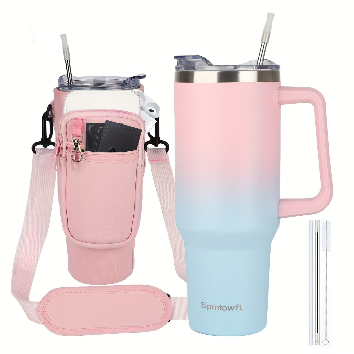 TWOINONE ™ 40oz Tumbler with Handle and Straw Lid & Carrier Bag, Stainless Steel Double Vacuum Coffee baler With Purse Pouch Phone Pocket, Gym Water Bottle Travel Mug for Men Women with Sleeve Holder