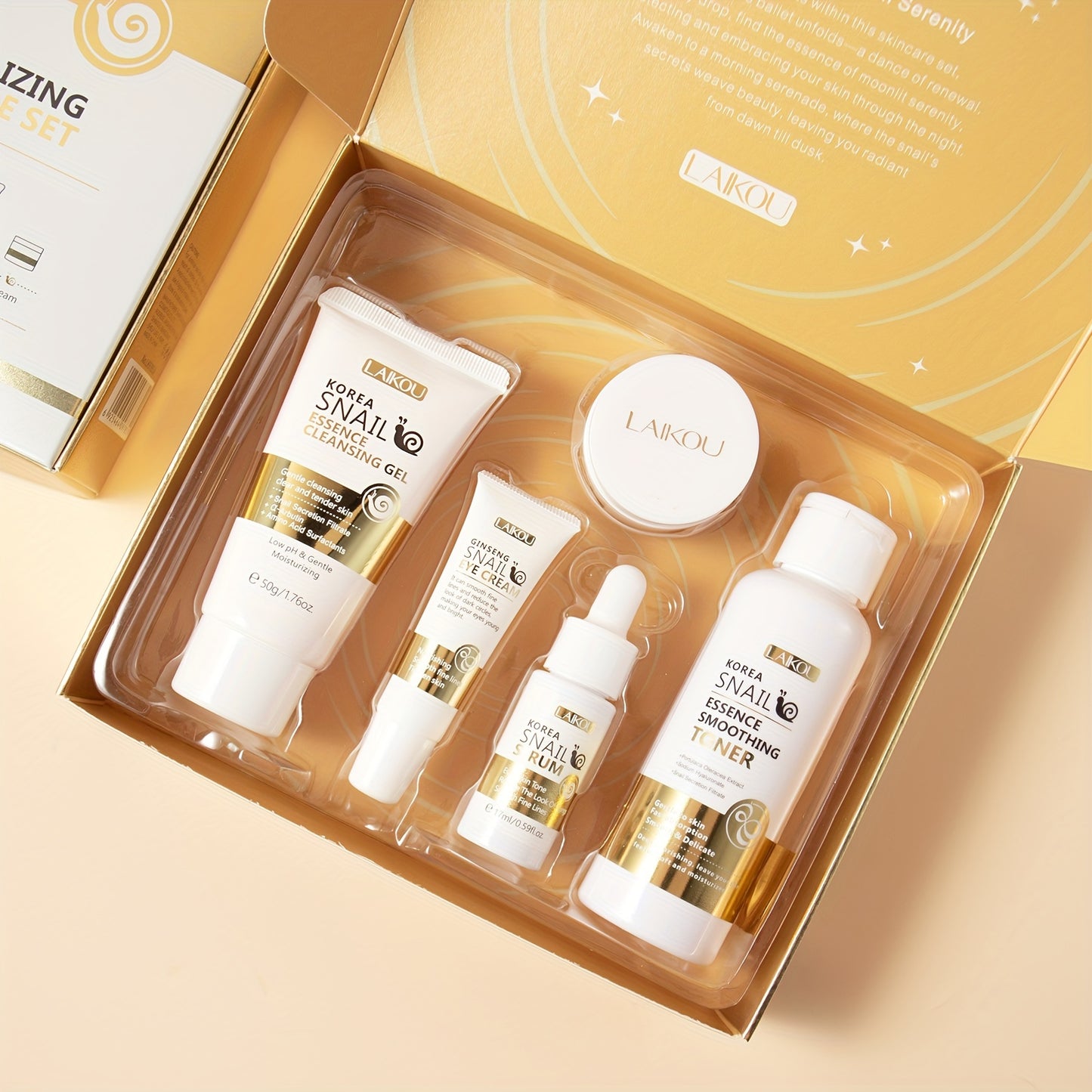 KOREAN™ skincare LAIKOU Snail Mucin 5-Step Skincare Set - Hypoallergenic Revitalizing Kit, Unisex, for All Skin Types, Includes Cleansing Gel