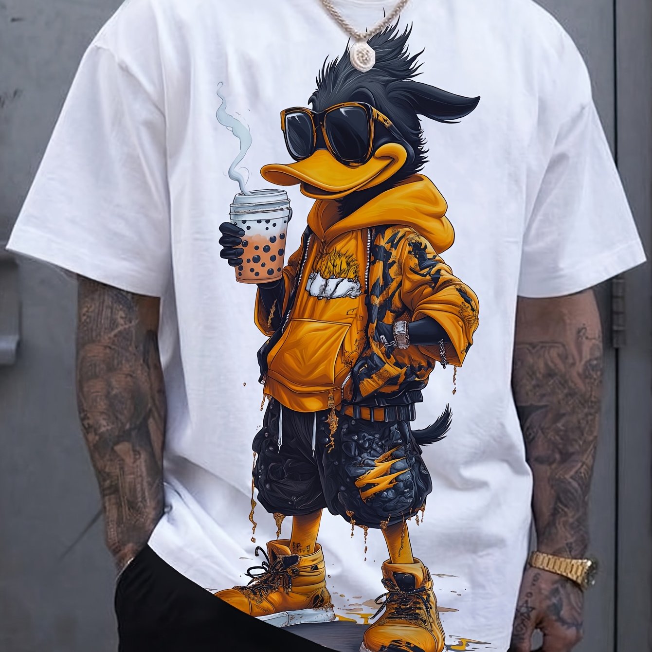 MYTEE™1pc Polyester Summer Knit Tee Men's Cool Duck Print T-Shirt, Casual Crew Neck Short Sleeve, Regular Fit with Slight Stretch Outdoor Wear