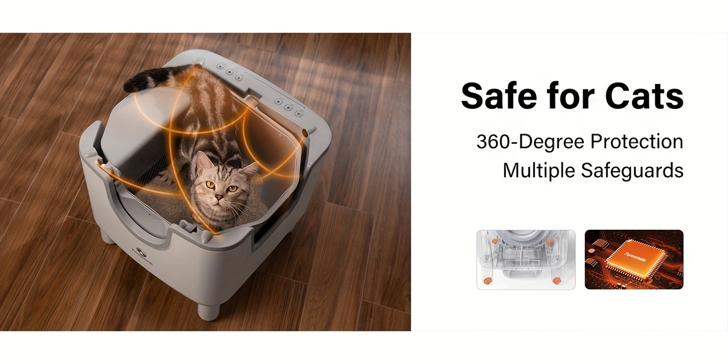 FUROOMATE™️ Open-Top Self-Cleaning Cat Litter Box, Automatic Design with Built-in Scale, Easy Maintenance & Odor Control, Indoor Use, Supports Up to 180 lbs, White, Automatic Cat Litter Box