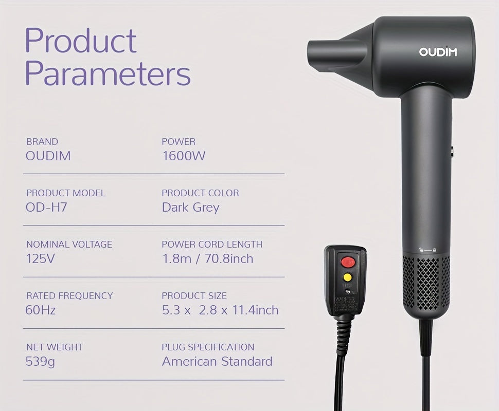 Oudif ™️Professional High-Speed Ionic Hair Dryer, 110000 RPM Brushless Motor, 4 Temperature Settings with LED Display, 2 Speed/Cold Options, Quiet Operation, Ergonomic Handle, US Plug –