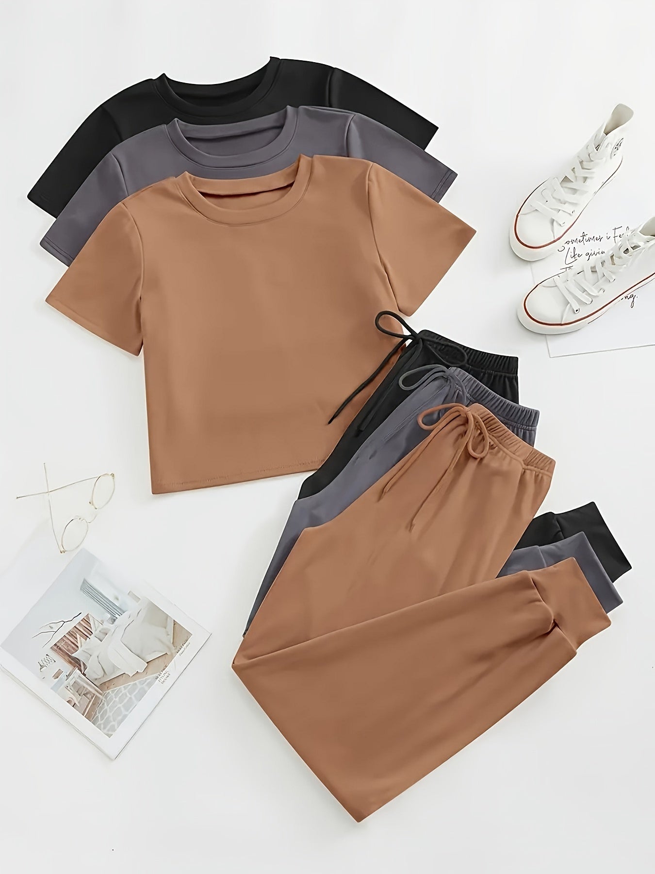 WEAR ™ 3 Sets Women's Solid Color Lounge Set, Comfortable Tee & Tie Front Pants, Relaxed Fit Casual Wear, Multiple Colors Available