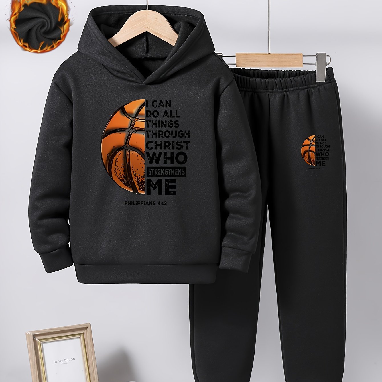 Boys™' Trendy Basketball & Letter Print Fleece-Lined Hoodie and Joggers Set - Warm, Thick Casual Sportswear for Fall/Winter, Red, Polyester, Perfect for Outdoor