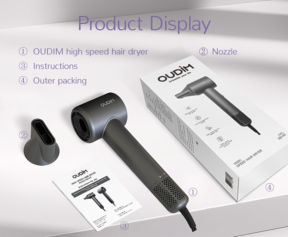 Oudif ™️Professional High-Speed Ionic Hair Dryer, 110000 RPM Brushless Motor, 4 Temperature Settings with LED Display, 2 Speed/Cold Options, Quiet Operation, Ergonomic Handle, US Plug –