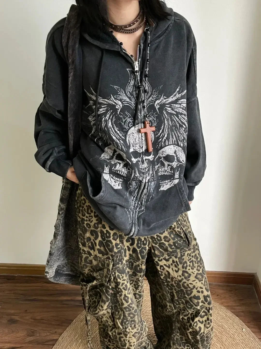 SKULLHAVEN™ | Dark Y2K Gothic American Retro Skull Print Zipper Hoodie – Unisex Autumn/Winter Streetwear Couple’s Hooded Coat