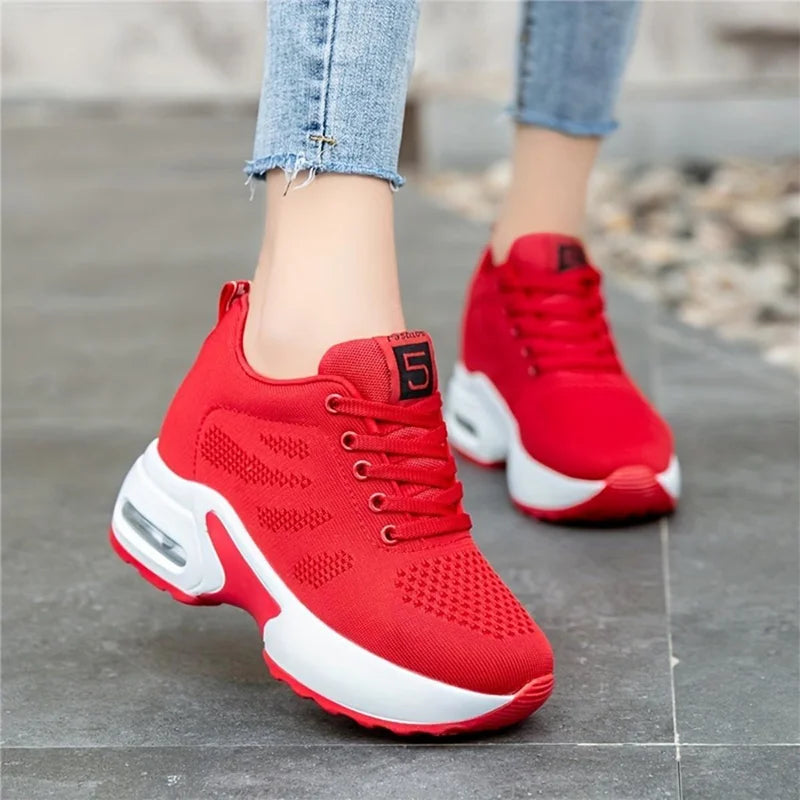 FOOTIQUE™ 2025 NEW Women Sport Shoes Air Cushion Sneakers Air Mesh Runing Training Red Shoes Non-Slip Lace Up Shoes