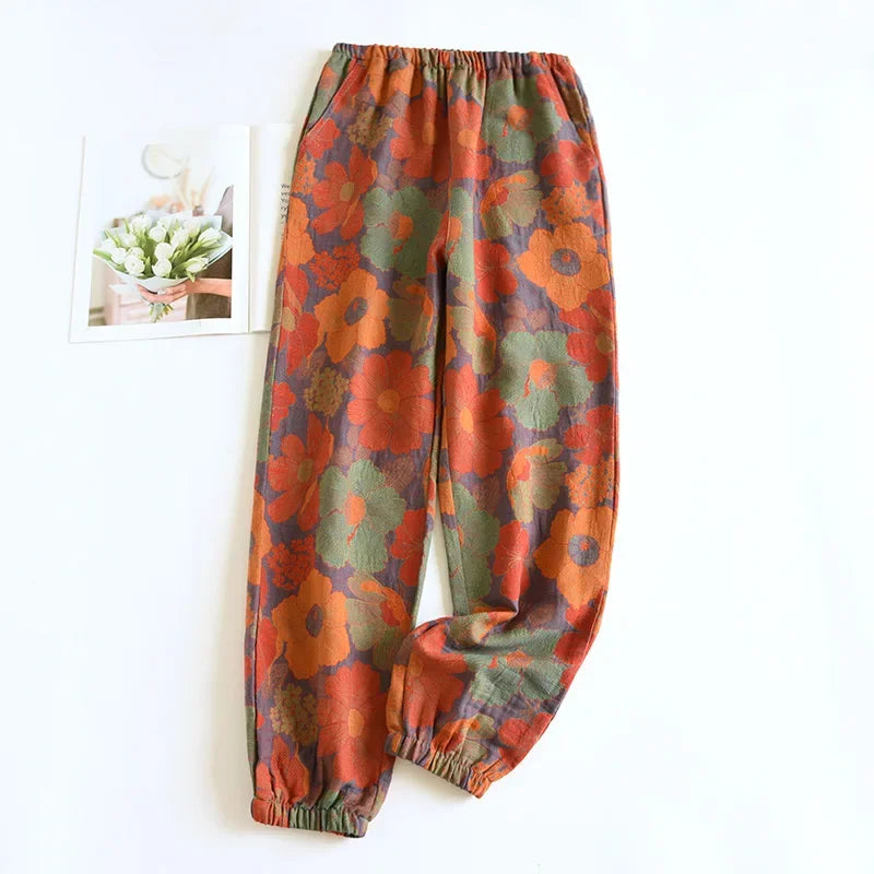 WOMAZE™ 2025 New Spring Summer Women's Pajamas 100% Cotton Crepe Pants Women's Comfortable Loose Large Leaf Home Pants Thin bottoms