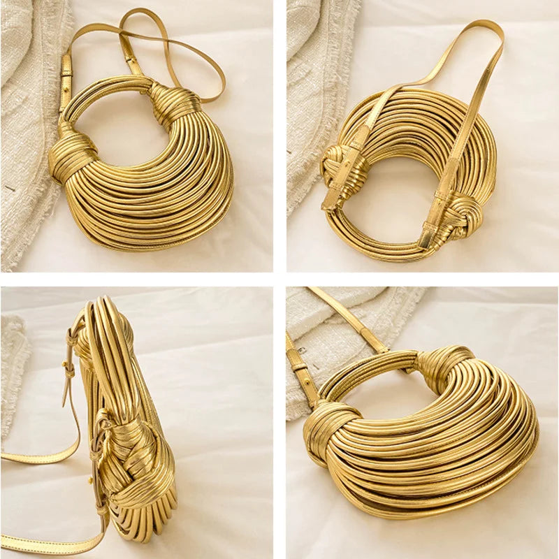 LUXEWEAVE™ | 2024 Women’s Luxury Handwoven Rope Knot Hobo Bag – Gold & Silver Designer Evening Clutch